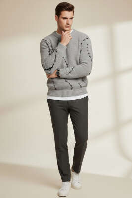 Çizgi Desen Örgü Triko Erkek Kazak Gri - Erkek Kazak