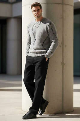 Çizgi Desen Örgü Triko Erkek Kazak Gri - Erkek Kazak