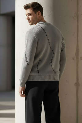 Çizgi Desen Örgü Triko Erkek Kazak Gri - Erkek Kazak