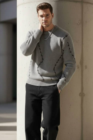 Çizgi Desen Örgü Triko Erkek Kazak Gri - Erkek Kazak