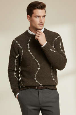 Çizgi Desen Örgü Triko Erkek Kazak Kahve - EKSİ BİR