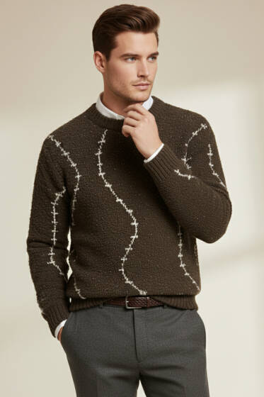Çizgi Desen Örgü Triko Erkek Kazak Kahve - Erkek Kazak