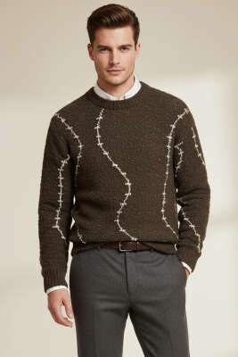 Çizgi Desen Örgü Triko Erkek Kazak Kahve - Erkek Kazak