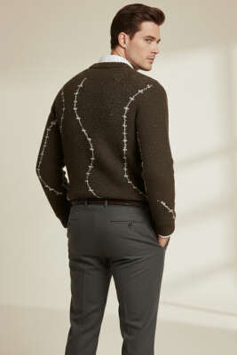 Çizgi Desen Örgü Triko Erkek Kazak Kahve - Erkek Kazak