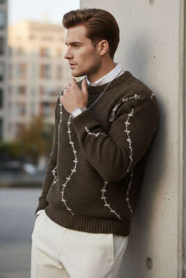 Çizgi Desen Örgü Triko Erkek Kazak Kahve - Erkek Kazak