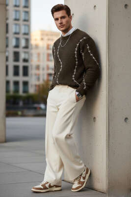 Çizgi Desen Örgü Triko Erkek Kazak Kahve - EKSİ BİR