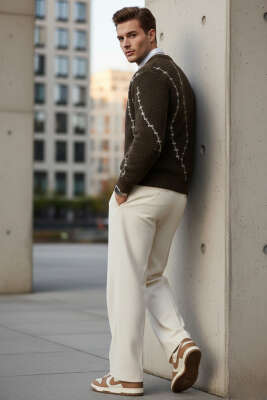 Çizgi Desen Örgü Triko Erkek Kazak Kahve - Erkek Kazak