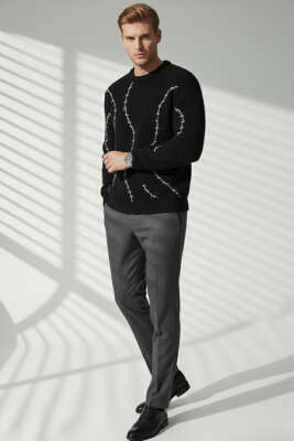 Çizgi Desen Örgü Triko Erkek Kazak Siyah - Erkek Kazak