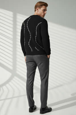 Çizgi Desen Örgü Triko Erkek Kazak Siyah - Erkek Kazak