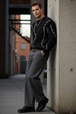 Çizgi Desen Örgü Triko Erkek Kazak Siyah - Erkek Kazak