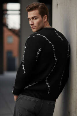 Çizgi Desen Örgü Triko Erkek Kazak Siyah - Erkek Kazak