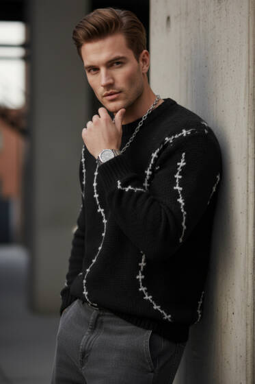 Çizgi Desen Örgü Triko Erkek Kazak Siyah - Erkek Kazak