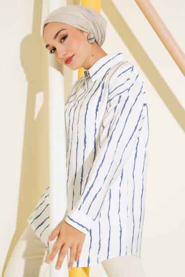 Çizgi Desen Oversize Gömlek Lacivert - Gömlek