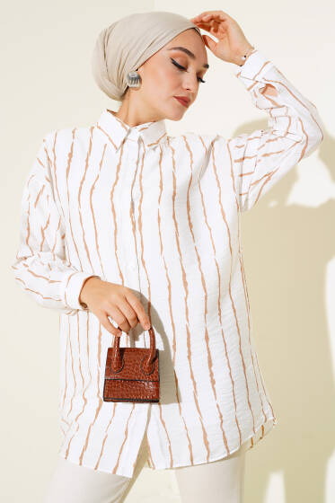 Çizgi Desen Oversize Gömlek Latte - Gömlek