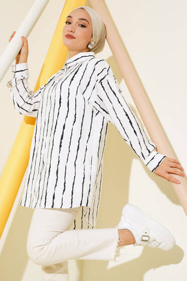 Çizgi Desen Oversize Gömlek Siyah - Gömlek