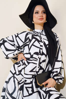 Çizgi Desen Patlı Elbise Beyaz - Tesettür Elbise