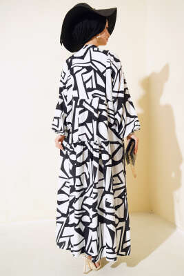 Çizgi Desen Patlı Elbise Beyaz - Tesettür Elbise