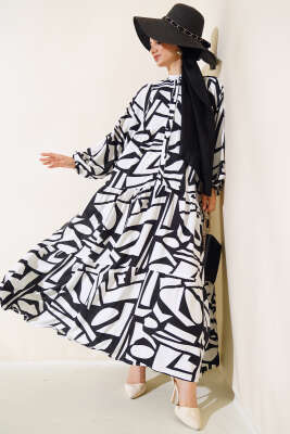 Çizgi Desen Patlı Elbise Beyaz 