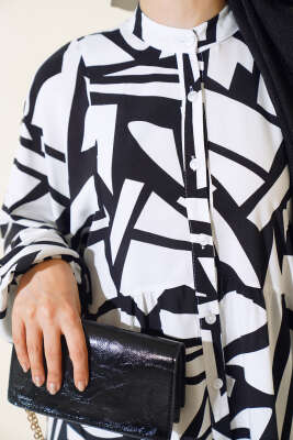 Çizgi Desen Patlı Elbise Beyaz - Tesettür Elbise