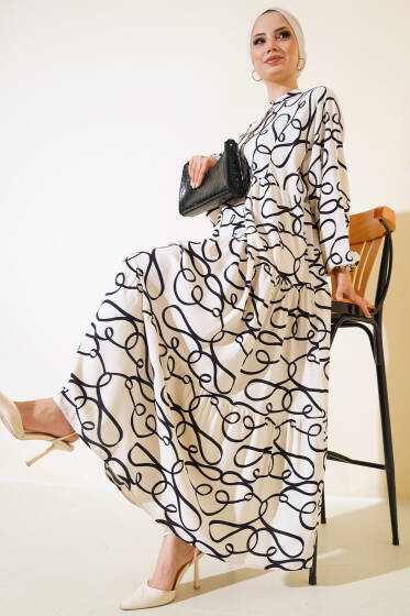 Çizgi Desen Patlı Elbise Ekru - Elbise