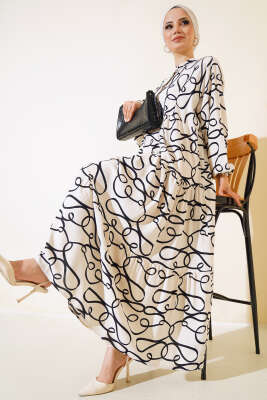 Çizgi Desen Patlı Elbise Ekru 