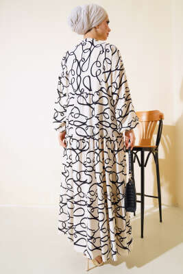 Çizgi Desen Patlı Elbise Ekru - Tesettür Elbise