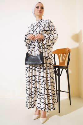 Çizgi Desen Patlı Elbise Ekru - Tesettür Elbise