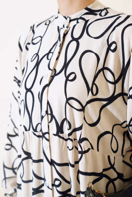 Çizgi Desen Patlı Elbise Ekru - Tesettür Elbise