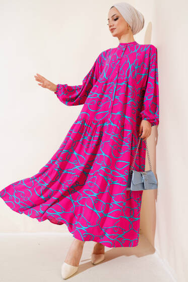 Çizgi Desen Patlı Elbise Fuşya - Elbise