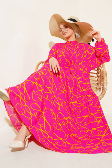 Çizgi Desen Patlı Elbise Fuşya Sarı - Elbise