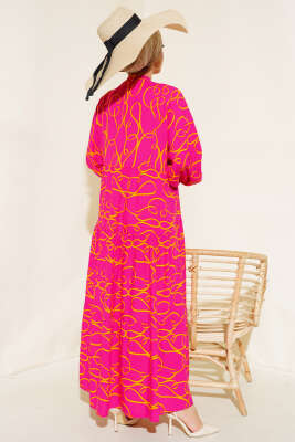 Çizgi Desen Patlı Elbise Fuşya Sarı - Tesettür Elbise