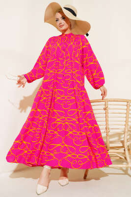 Çizgi Desen Patlı Elbise Fuşya Sarı - Tesettür Elbise