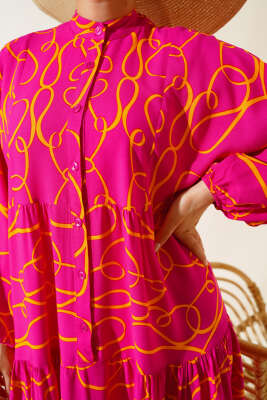 Çizgi Desen Patlı Elbise Fuşya Sarı - Tesettür Elbise