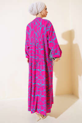 Çizgi Desen Patlı Elbise Fuşya - Tesettür Elbise