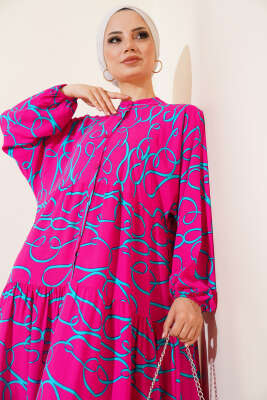 Çizgi Desen Patlı Elbise Fuşya - Tesettür Elbise
