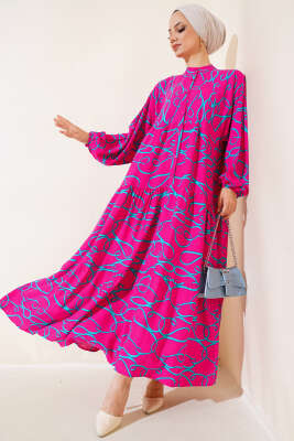 Çizgi Desen Patlı Elbise Fuşya 