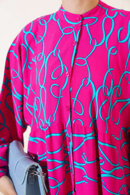 Çizgi Desen Patlı Elbise Fuşya - Tesettür Elbise