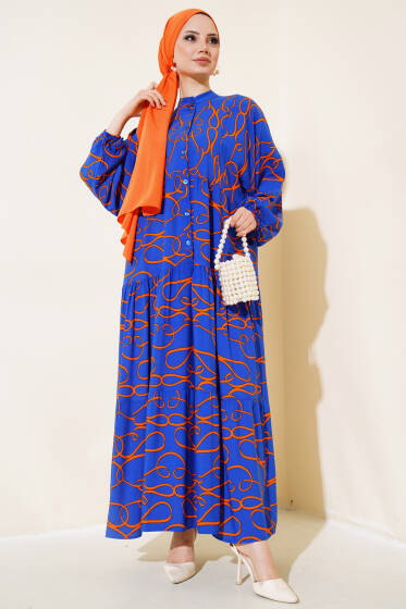 Çizgi Desen Patlı Elbise Lacivert - Elbise