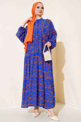 Çizgi Desen Patlı Elbise Lacivert 