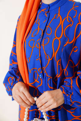 Çizgi Desen Patlı Elbise Lacivert - Tesettür Elbise