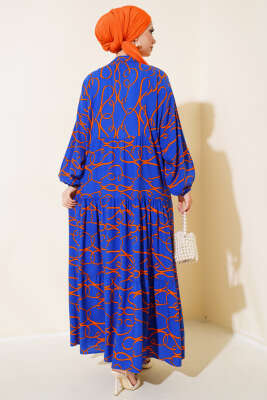 Çizgi Desen Patlı Elbise Lacivert - Tesettür Elbise