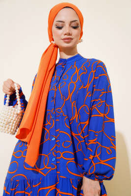 Çizgi Desen Patlı Elbise Lacivert - Tesettür Elbise