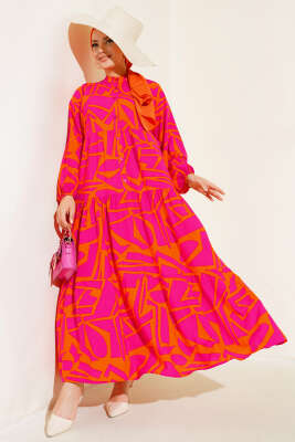 Çizgi Desen Patlı Elbise Oranj Fuşya - Tesettür Elbise