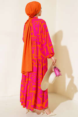 Çizgi Desen Patlı Elbise Oranj Fuşya - Tesettür Elbise