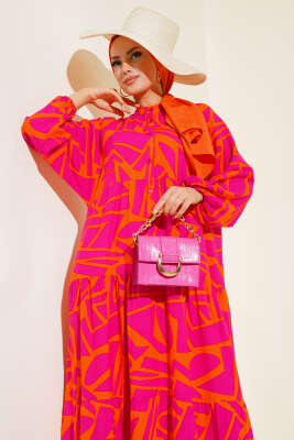 Çizgi Desen Patlı Elbise Oranj Fuşya - Tesettür Elbise