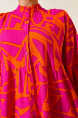 Çizgi Desen Patlı Elbise Oranj Fuşya - Tesettür Elbise