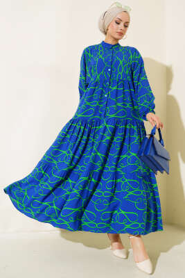 Çizgi Desen Patlı Elbise Saks 