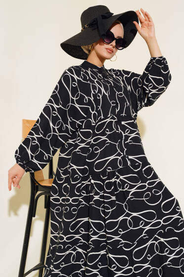 Çizgi Desen Patlı Elbise Siyah - Elbise