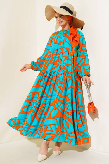 Çizgi Desen Patlı Elbise Turkuaz - Elbise