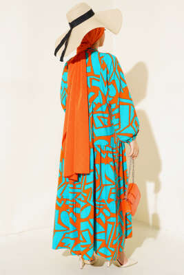 Çizgi Desen Patlı Elbise Turkuaz - Tesettür Elbise